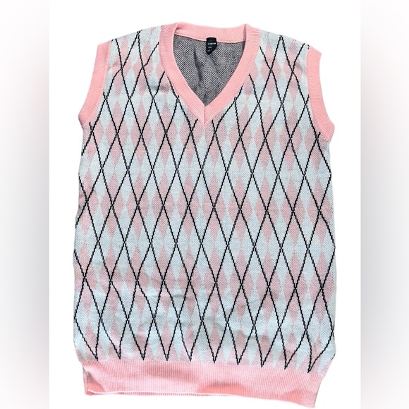 SHEIN Qutie Contrasting Colors Argyle Print Round Neck Tight Pink Tank Top - Picture 3 of 10